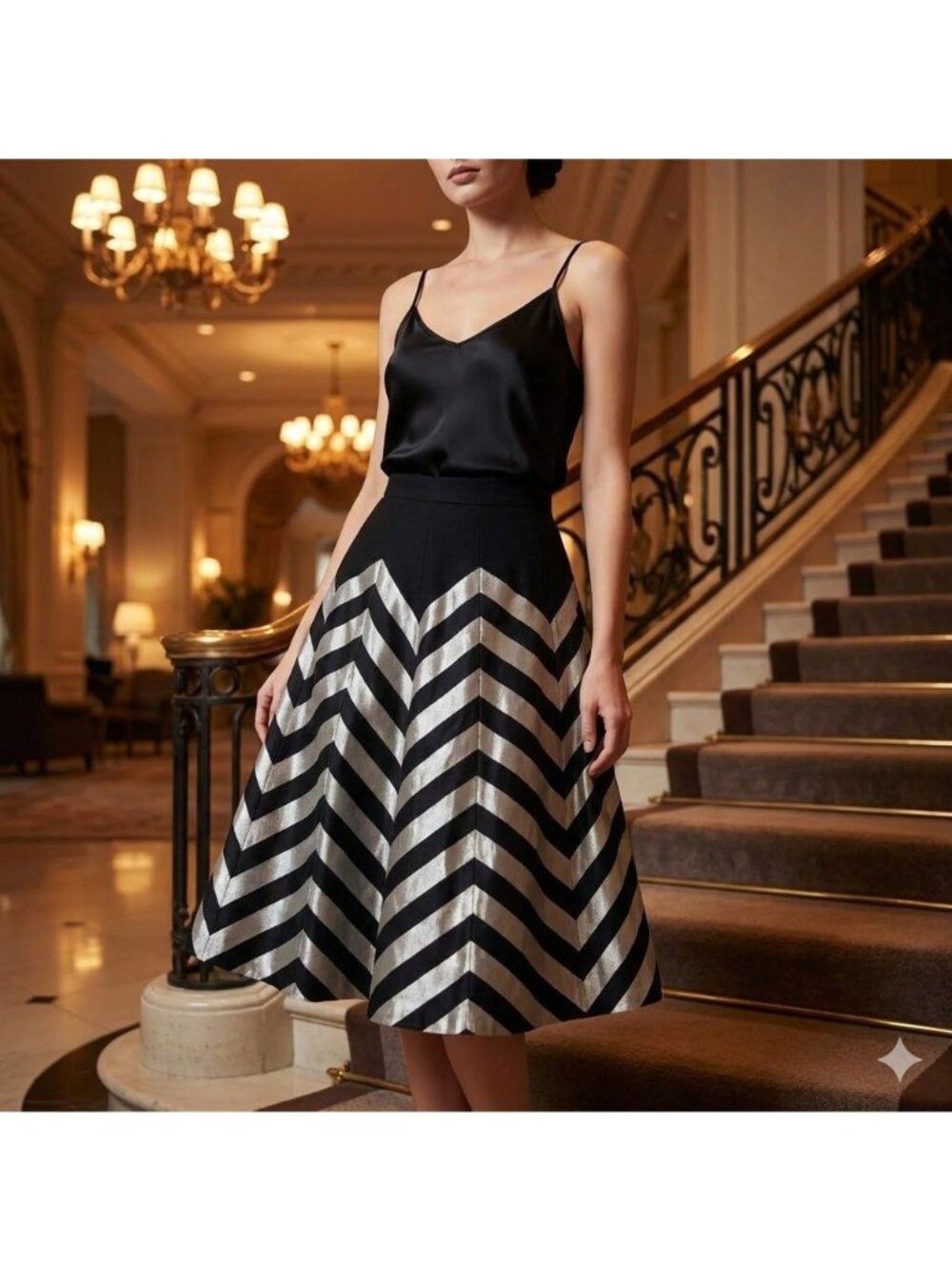 Vintage 1960s Space Age Op Art Flare Skirt Silver Black Zig Zag Midi Mod XS/S
